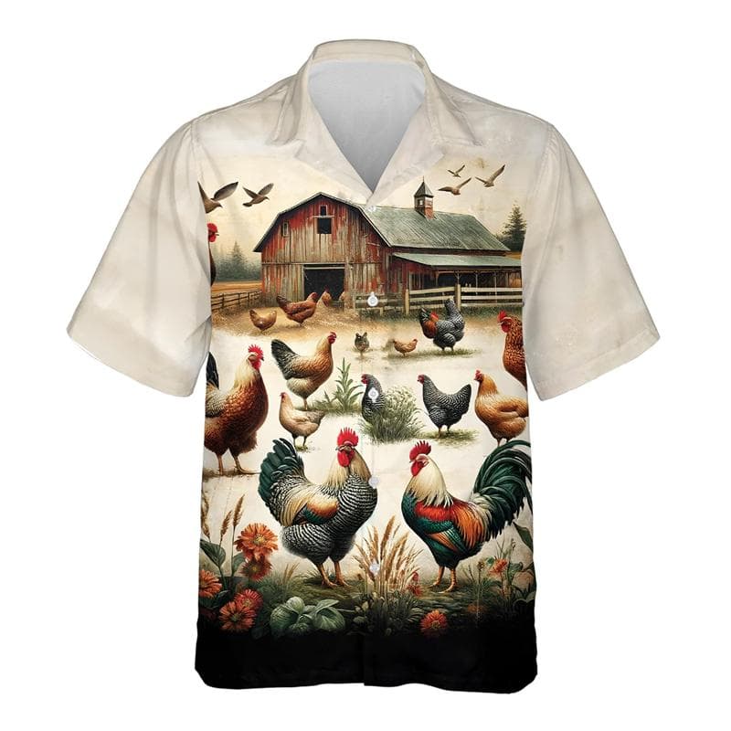 Funny Cartoon Chicken Graphic Shirts For Men Clothes Casual Hawaiian Rooster Beach Shirt Aloha Button Clothing Eggs Short Sleeve 4XL