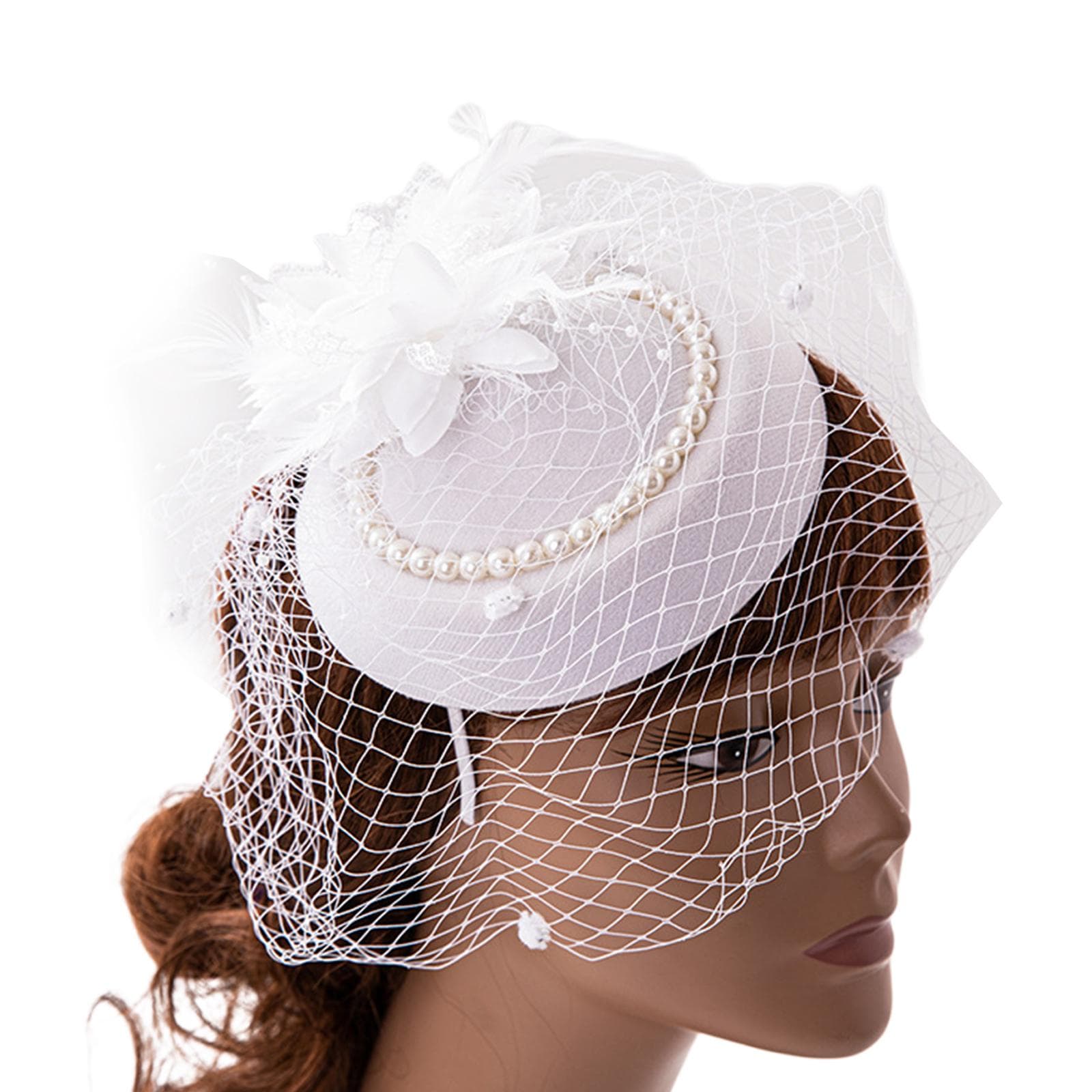 Tea Party Fascinator Derby Hat Women Fascinator Headband Veil Feather Fascinator Derby Pillbox Hat Cocktail Veil Mesh white