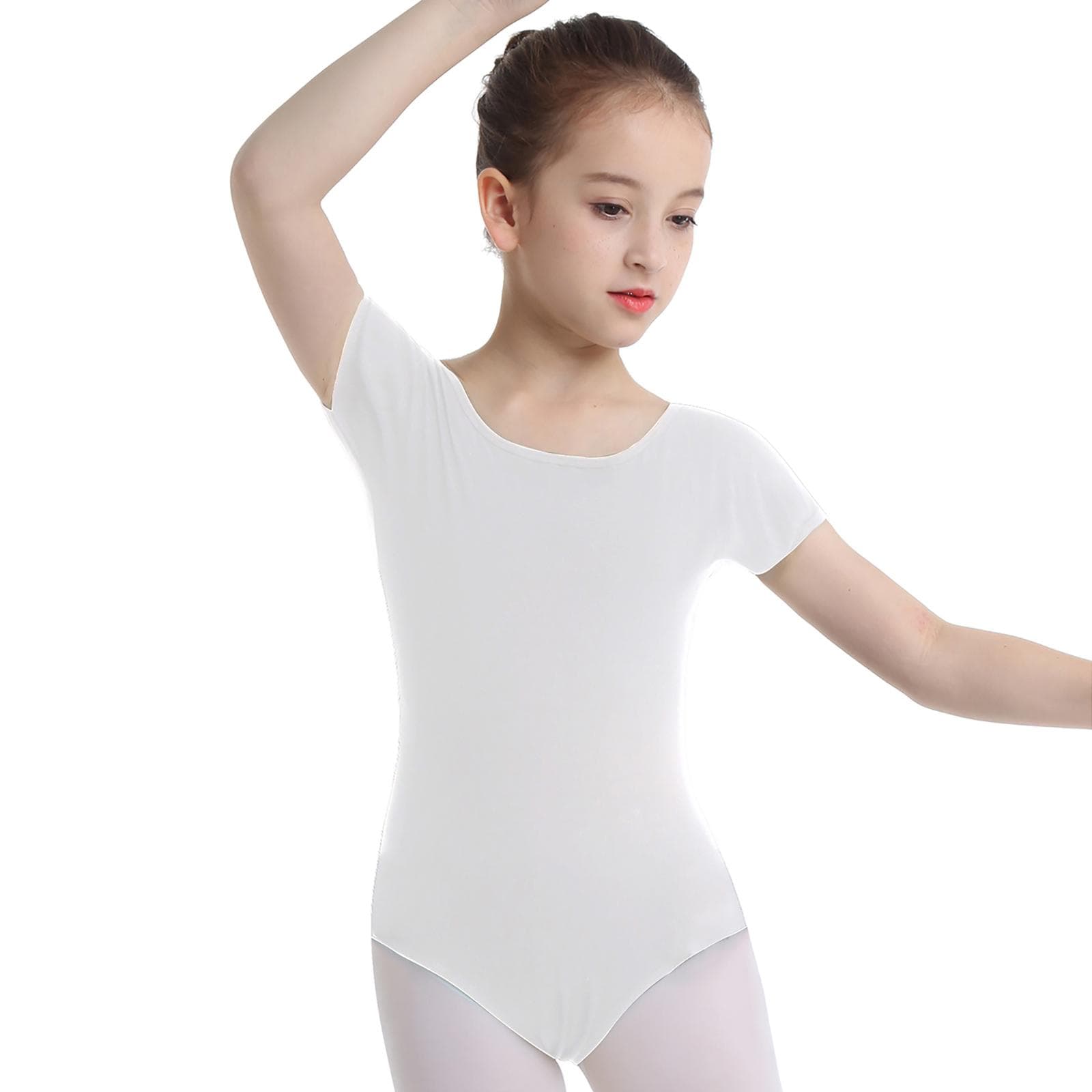 Kids Girls Short Sleeves Stretchy Gymnastics Ballet Dance Leotard Dancewear Size 2-12 3-4 Years white