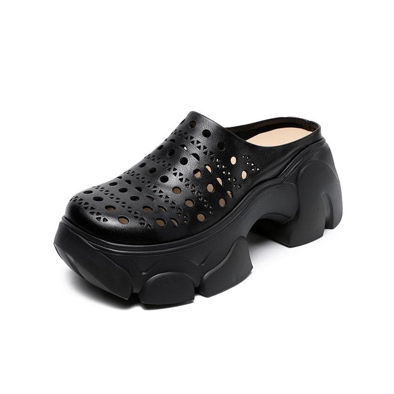Johnature Genuine Leather Thick Soles Outdoor Slippers Vintage Hollow Out Breathable Women's Platform Shoes 38 black