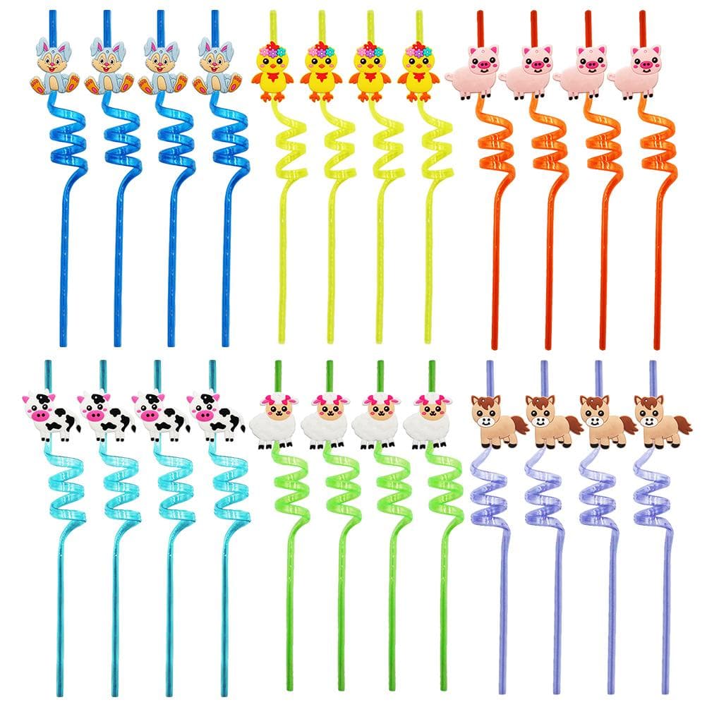 24 Pcs Jungle Animal Drinking Straws Plastic Reusable Straws for Kids Farm Animal Theme Party Favor