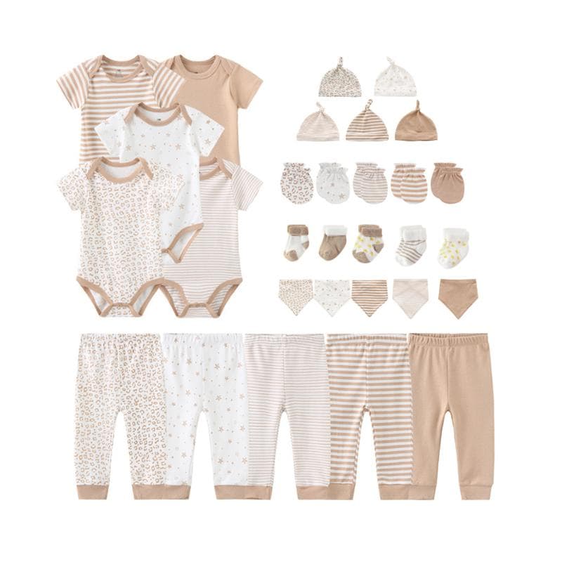 Kiddiezoom 30PCS Newborn clothing set Short sleeve jumpsuit + trousers + hat + bib + gloves + socks Infant Boy Girl top mittens Full Moon Gift Pack 9-12Months