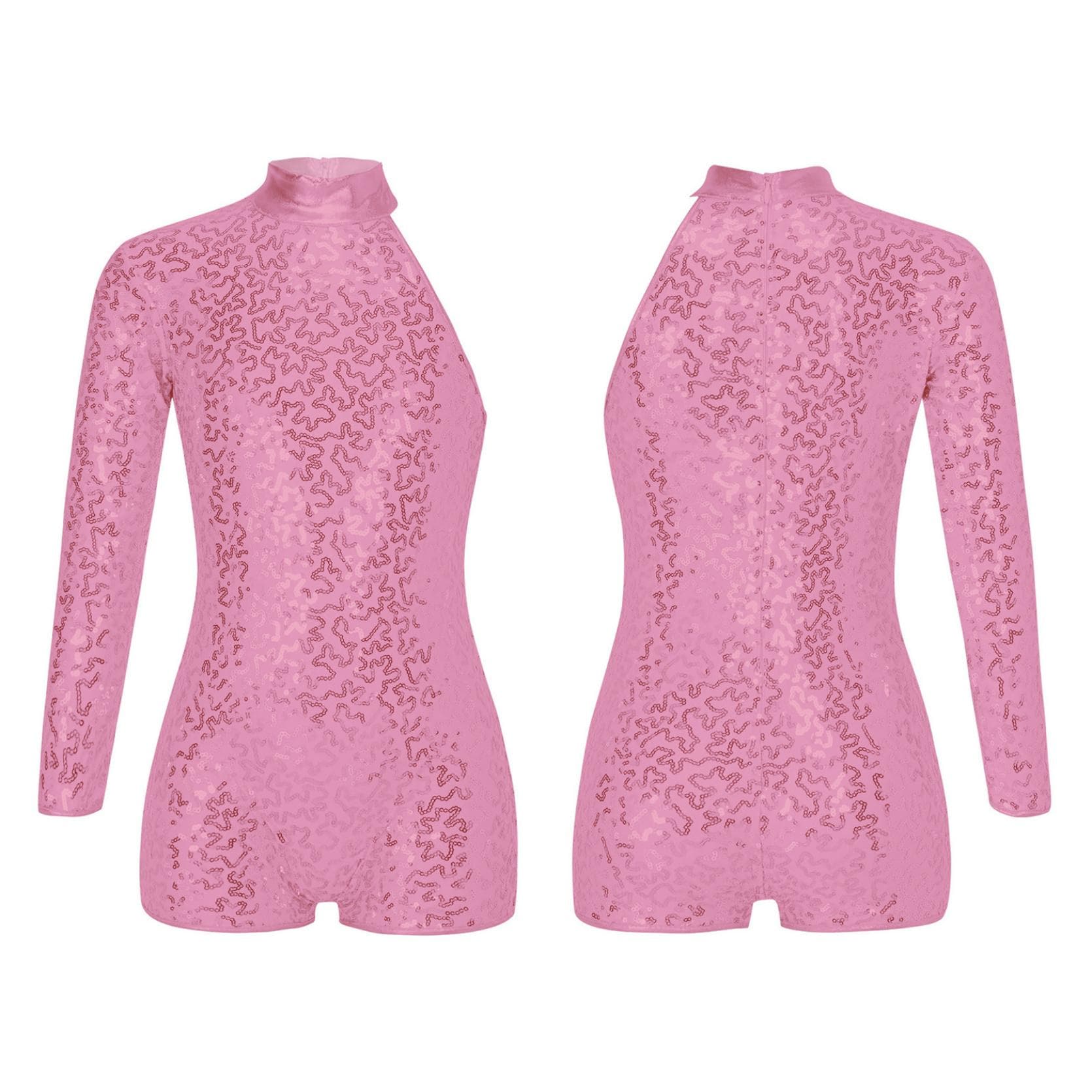 Kids Girls Single Long Sleeve Gymnastics Leotard Sequins Ballet Dance Unitards Short Jumpsuit 5-6 Years pink
