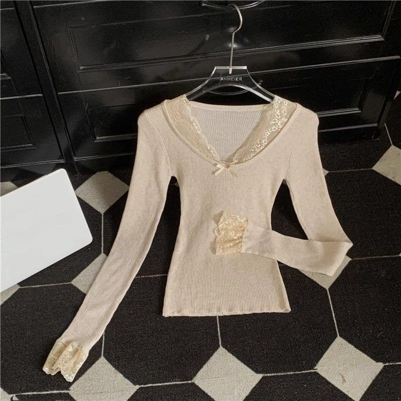 V-neck Splicing Long-sleeved Autumn and Winter Polished Inner Slim-fitting and Thin Versatile Bottoming Top M gray