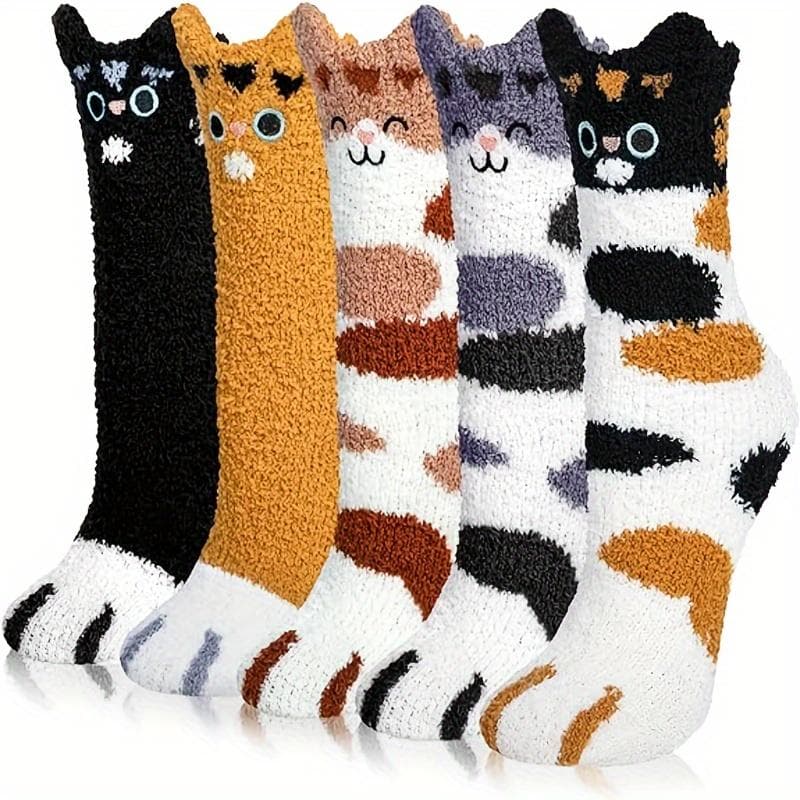 5 Pairs of Cozy Whimsical Cartoon Cat Claw Slipper Socks - Soft, Warm, and Fuzzy Knee-Length Socks with Plush Coral Fleece Lining, Stretchy Polyester One-size