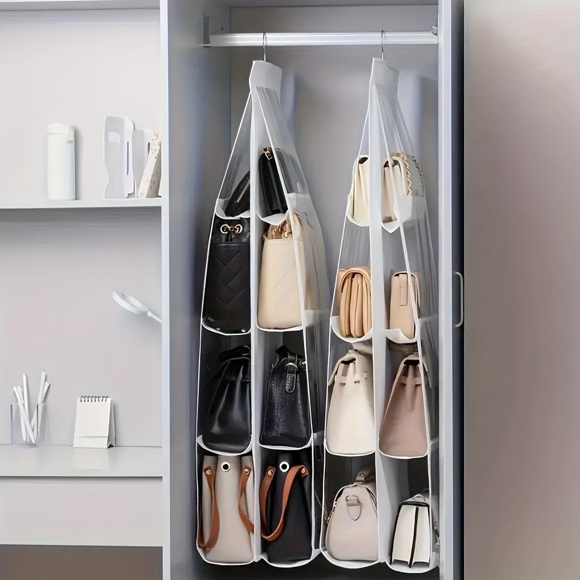 Multi Layer Hanging Bag Organizer, Space Saving Wardrobe Storage, Dust-Proof Handbag Clip, Convenient Hanging Design for Women's Fashion Accessories 8 grids grey