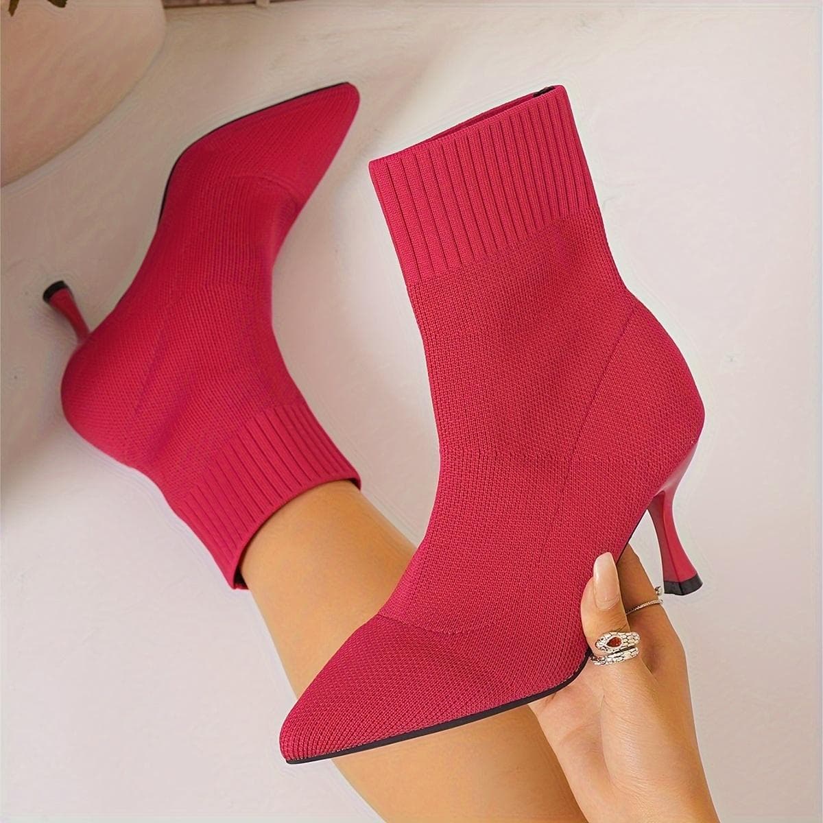 Elegant Solid Color Fabric Ankle Booties for Women - All-Season Slip-On Dress Boot with Pointed Toe, Stiletto Heel | Comfortable High-Heel Sock Boots 42 watermelon red