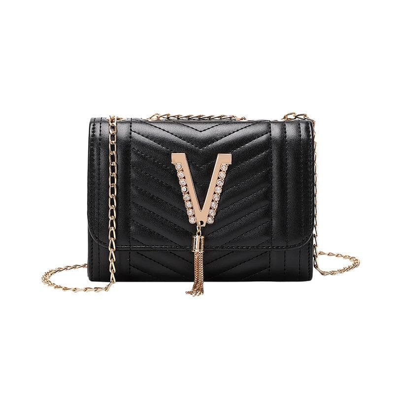 Trendy Diamond-encrusted V-shaped Small Square Bag, High-end Striped Women's Bag, Chain Single-shoulder Bag, Versatile Crossbody Bag 18.5*7*13cm black