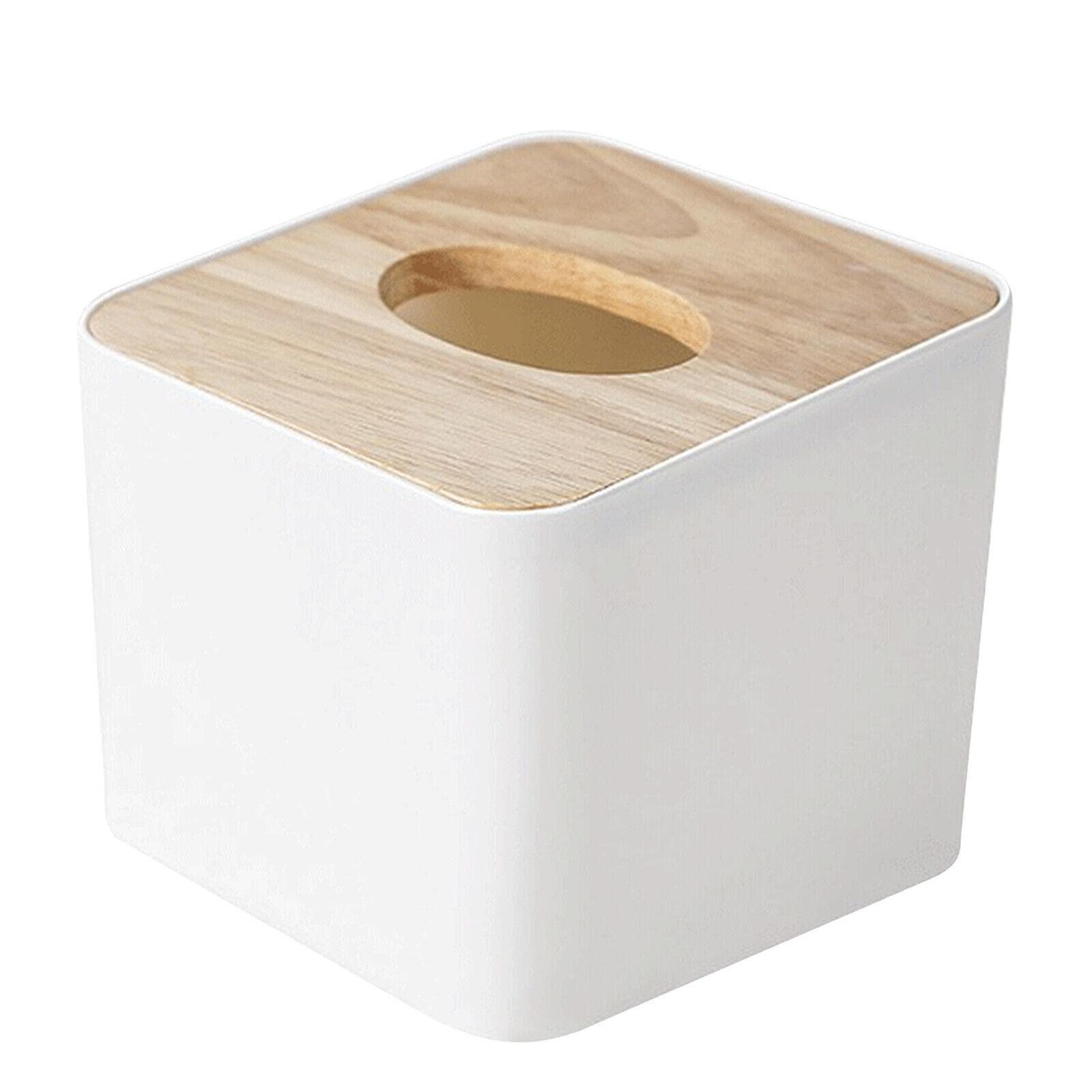 Cover Tissue Box with Bamboo Top,Rectangular,Plastic,11 * 11 * 8cm,Tissue Dispenser Box for Living Room,Office,Car,Bathroom Small Imple Storage Box white