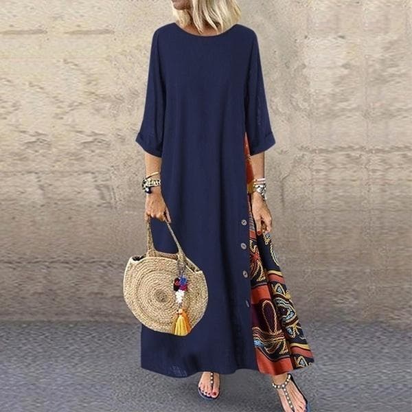 Women's Fashion Casual Loose Big Swing Half Sleeve Long Dress Floral Holiday Maxi Dress Plus Size Vestidos Longos Robe 3XL navy blue