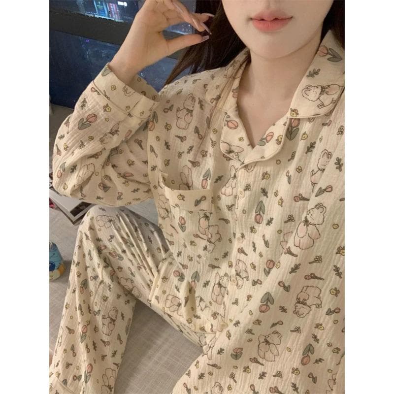 Women's Pajamas New Autumn Spring Long Sleeve Soft Sleepwear Set Striped Cartoon Pyjama Woman Home Nightwear Set Cardigan XXL