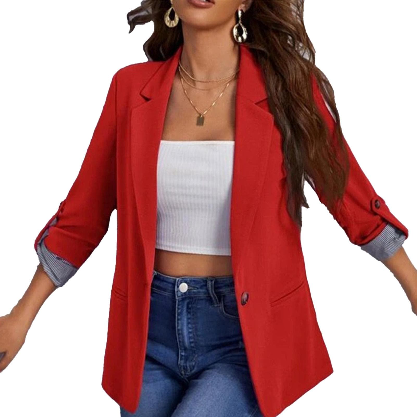 Women Business Jacket Turn Over Collar 3/4 Sleeves Open Front Suit Coat Outfit for Office Red M M(for 4-6.5kg) red