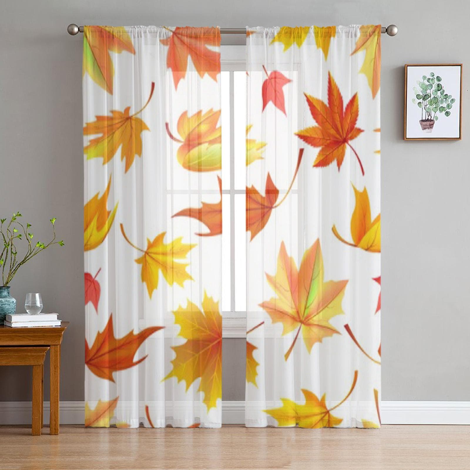 Autumn Yellow Leaves Luxurious Chiffon Sheer Curtains for Living Room Bedroom Decoration Window Voiles Tulle Curtain 135W x 114H(cm)
