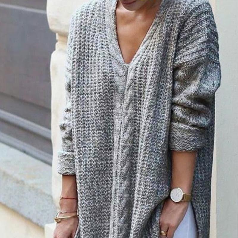 European and American Autumn and Winter Twist Knitted Sweater Medium and Long Split Pullover Loose Deep V-neck Women's Sweater 2XL