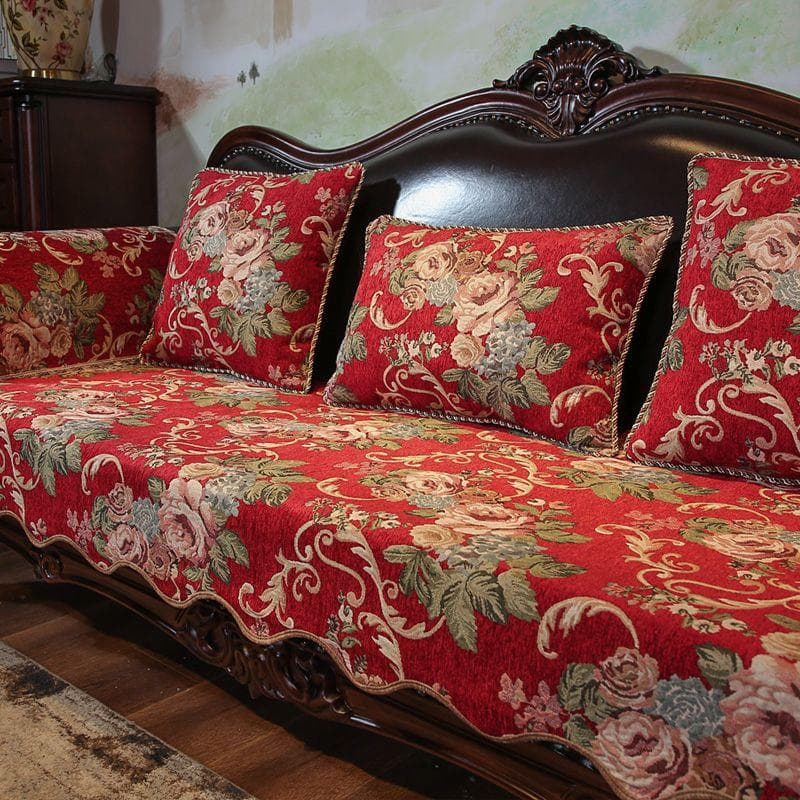 Embroidered Irregular Edge Sofa Cover Chenille Non Slip Sofas Towel Pillowcase European Style Red Green Sofa Cushion with Hem 90x240cm 1pcs