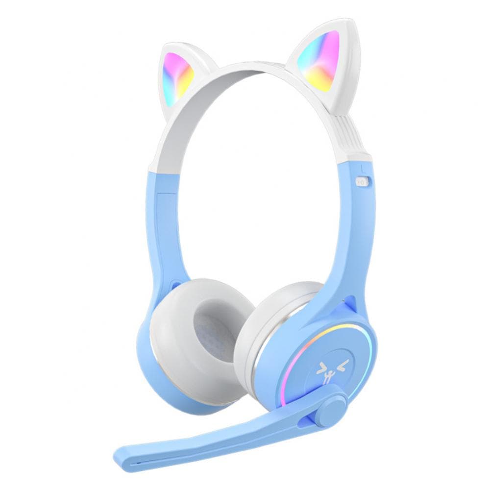 Wireless Headphone Cute Cat Ear Bluetooth 5.0 Headset RGB Stereo Music Helmet Mobile Phone with Micrphone Earphone Children Gift light blue