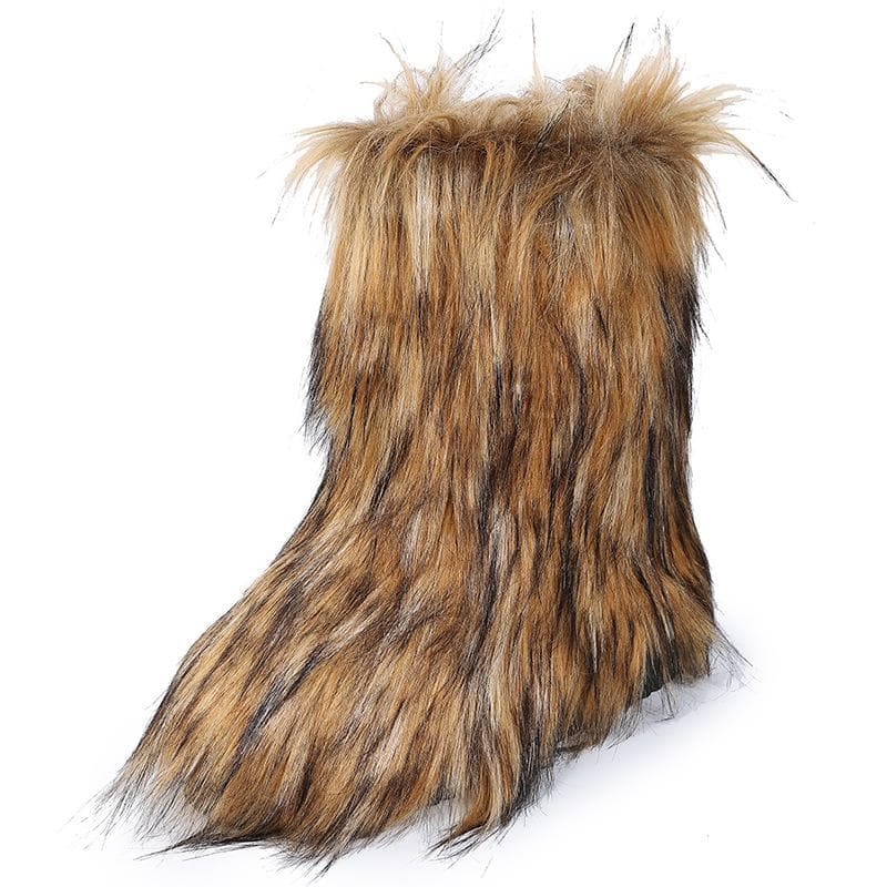Women's New Winter Fur One-piece Imitation Raccoon Fur Warm Snow Boots Furry Shoes Outdoor Boots 37 brown