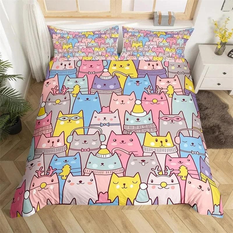Cat Duvet Cover Polyester Pattern with Hipster Playful Feline Characters, Decorative 3 Piece Twin Bedding Set with 2 Pillow Sham 70x133cm 2pcs