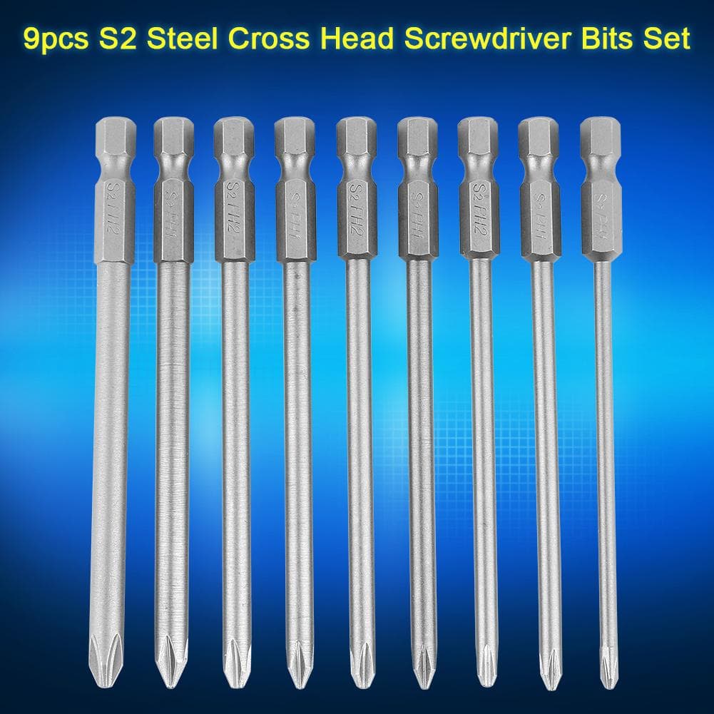 9pcs S2 Steel Cross Head PH1 PH2 Screwdriver Bits Set 14inch Hex Shank 100mm
