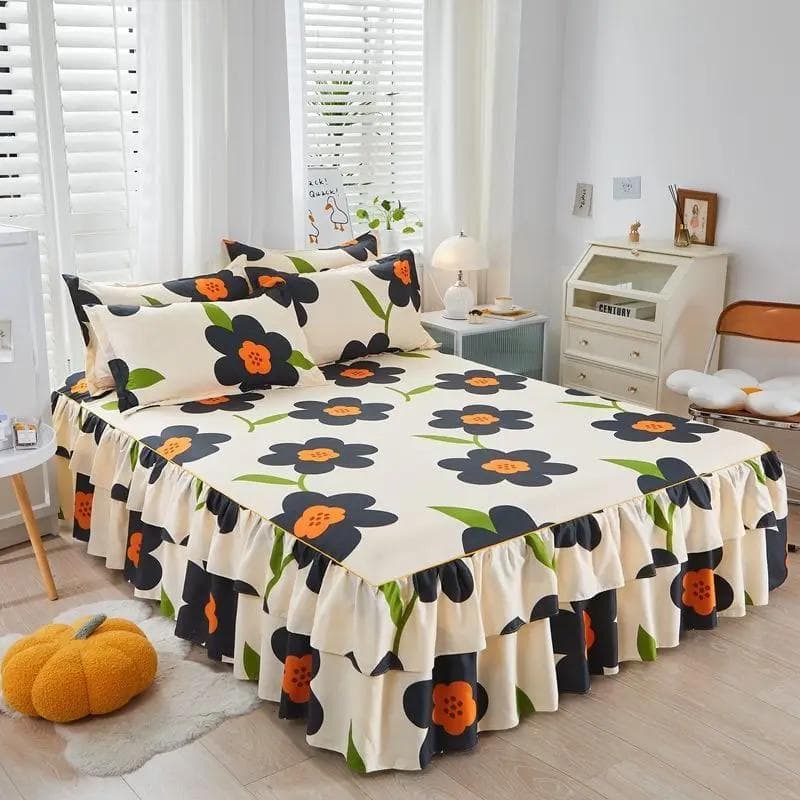 Floral Pattern Bed Skirt Set Mattress Anti Slip Protective Cover for Household Bedding Double Layered Skirt Dustproof Bed Cover 120x200cm bed skirt