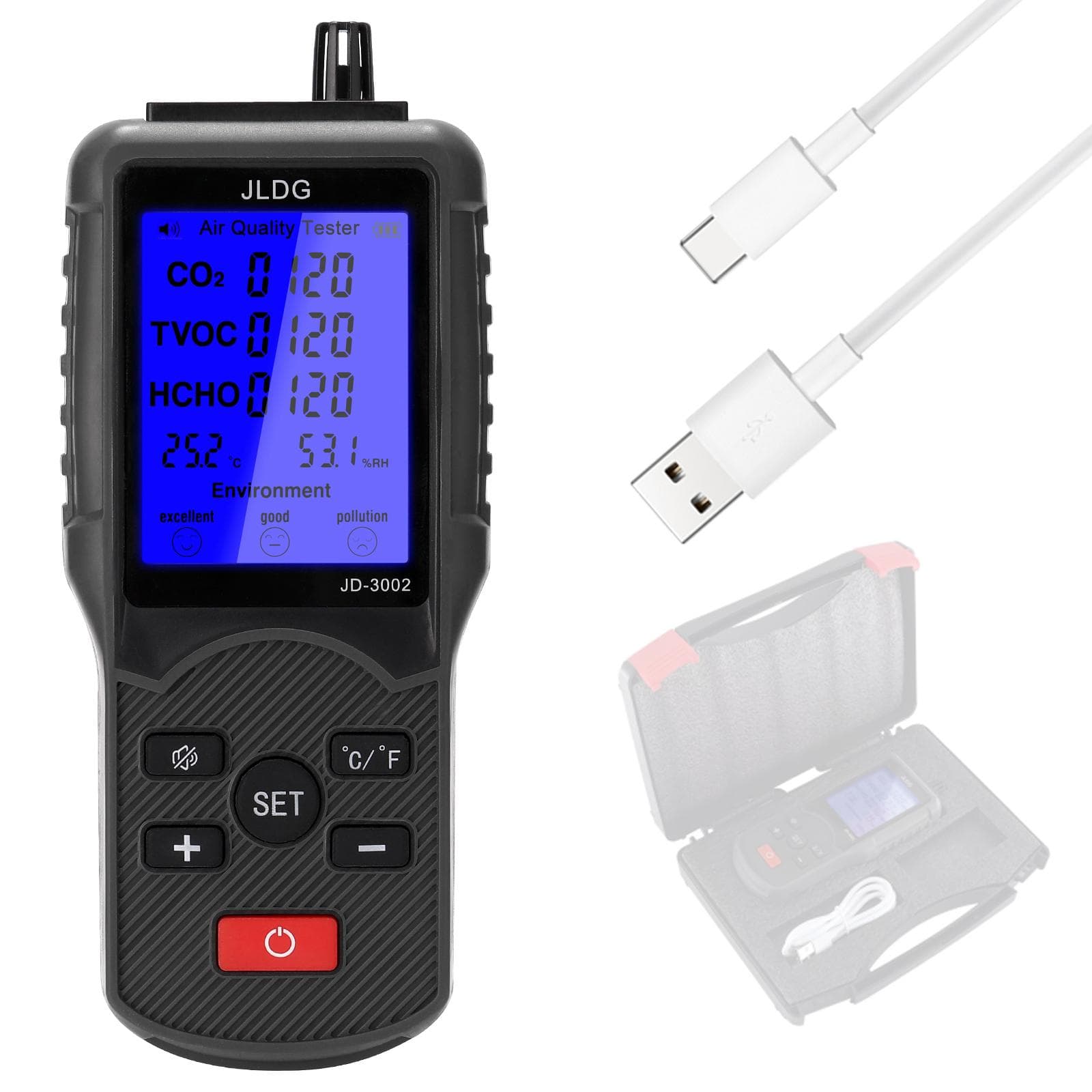 Multifunctional Air Quality Tester CO2 TVOC Meter Temperature Humidity Measuring Device with USB multicolour