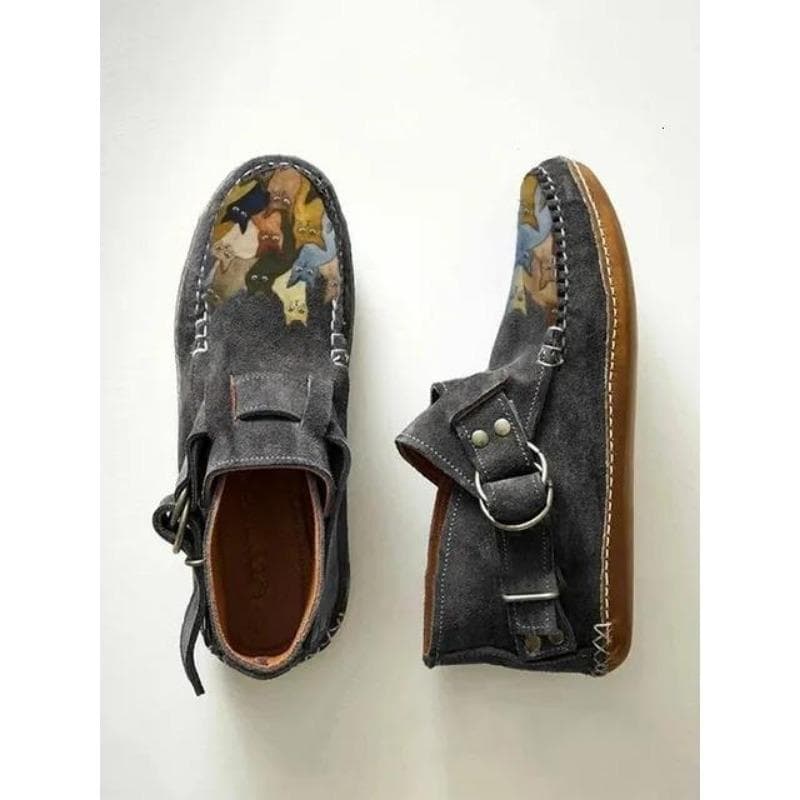 Boots Plover Female Comfort Cartoon Cat Printed Leather Button Casual Flat Ankle - 6 Purple 39 grey