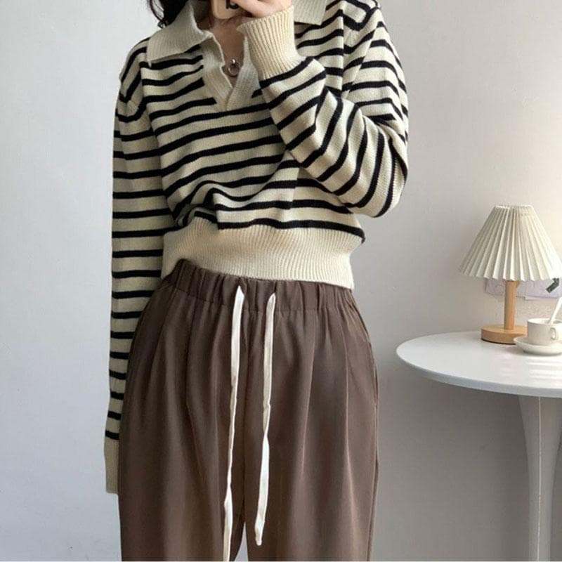 Women V-Neck Stripe Contrast Sweater Autumn Winter Soft Polo Neck Short Pullover Bat Sleeve Sweater L beige