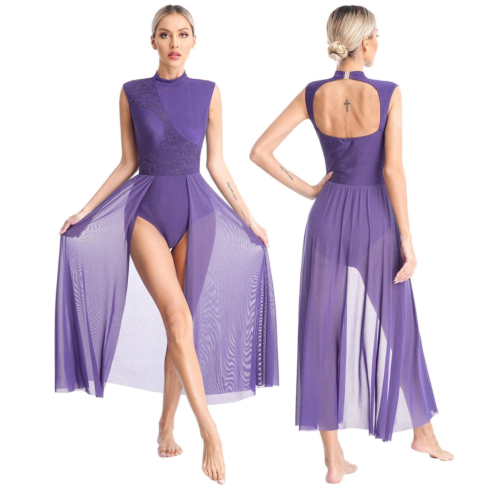 Womens Contemporary Lyrical Dance Dress Ballet Gymnastics Leotard Sleeveless Chiffon Flowy Dress Stage Performance Dancewear M purple