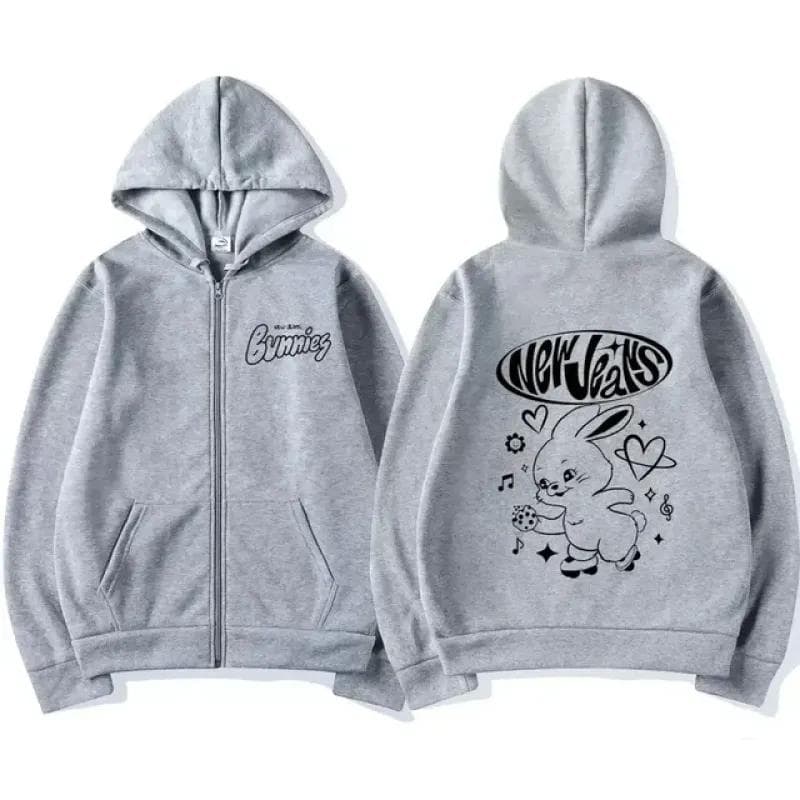 Korean NewJeans Bunny Kawaii Graphic Zip Up Hoodies Fashion Kpop Style Cute Hoodie Men Women's Casual Jackets Zipper Sweatshirts M