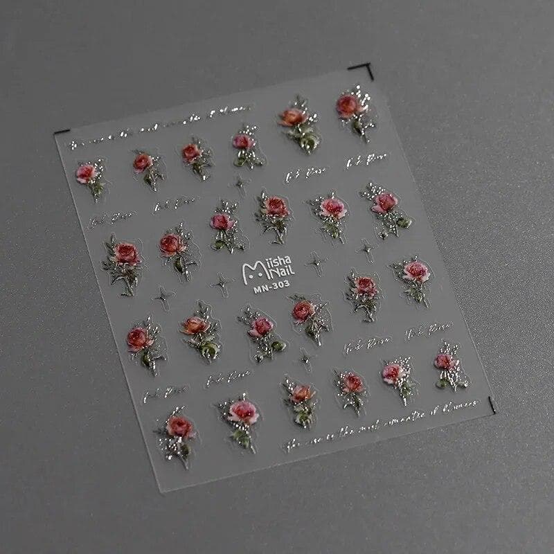 Gold Silver Pink Blue Rose Flowers 3D Self Adhesive Nail Art Decorations Stickers Fashion DIY Manicure Decals silver/pink