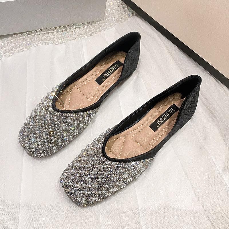 Square Head Single Shoes Soft Leather Women's Spring New Flat Shoes Rhinestone Fairy Style Gentle Slip-on Peas Shoes Women 33 black