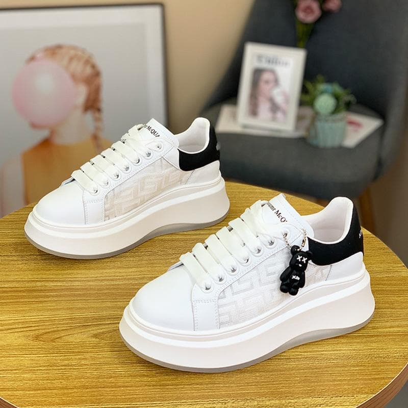 Real Soft Leather Thick-soled Small White Shoes Women's Spring New Mesh Surface Breathable Small Heightened Sports and Leisure Sneakers 40 black