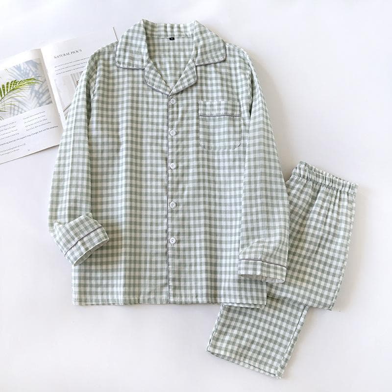 Spring and Summer Couple Pajamas Set 100% Cotton Double Layer Gauze Men and Women Japanese Plaid Suit Long Sleeves M
