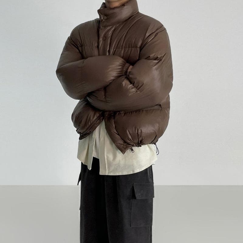 Retro Stand-up Collar Temperament Cotton Coat Winter Short Warm Jacket Men Korean Style Loose Solid Color Versatile Cotton Coat 2XL brown
