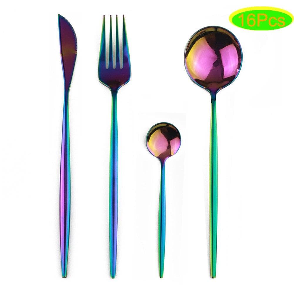 16Pcs Black Cutlery Set 18/0 Stainless Steel Dinnerware Set Kitchen Gold Tableware Set Knife Fork Spoon Flatware 16pcs multicolour