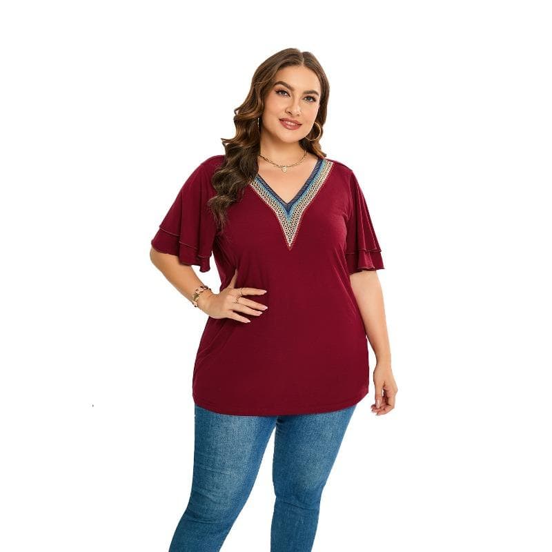 Plus Size Summer Women's T-Shirt Lace V-Neck Solid Color T-Shirt Short Sleeve Top 3XL red