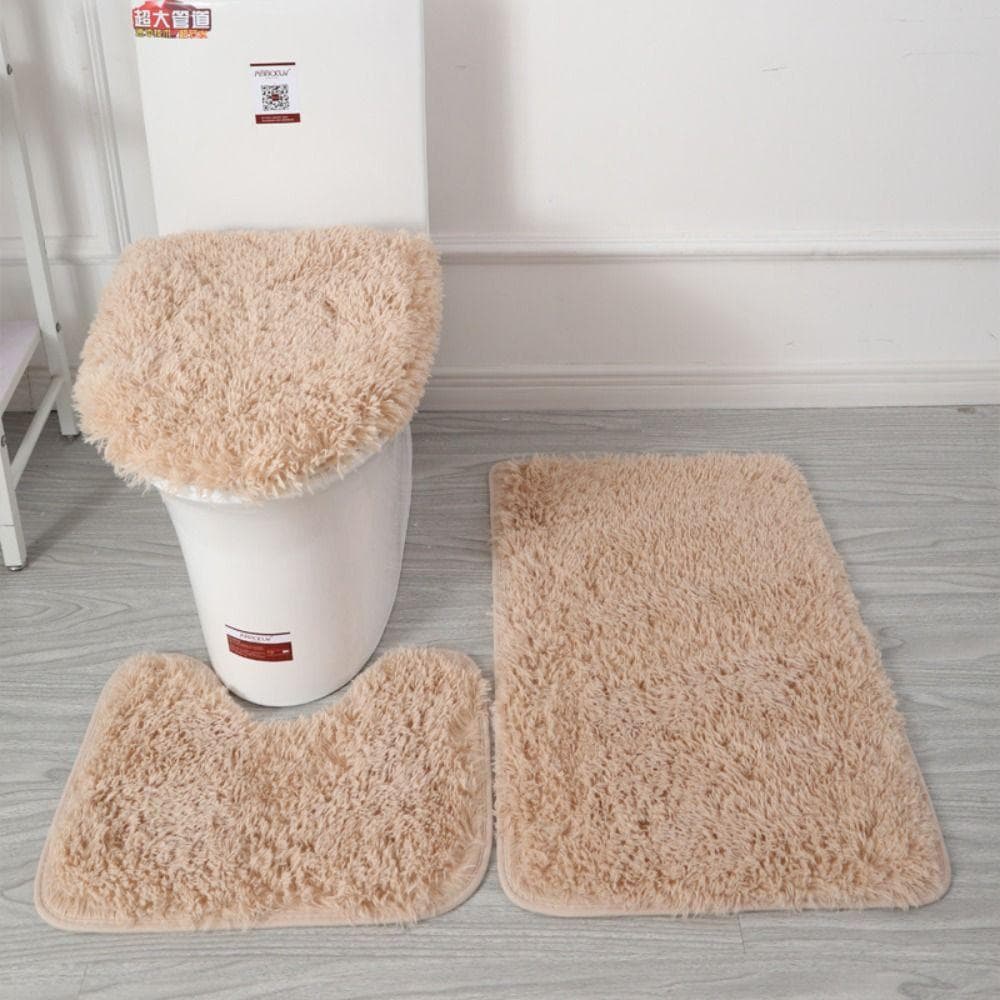 3pcs/set Fluffy Hairs Toilet Lid Cover Rugs Solid Color Shower Carpets Sets  Shower Room camel