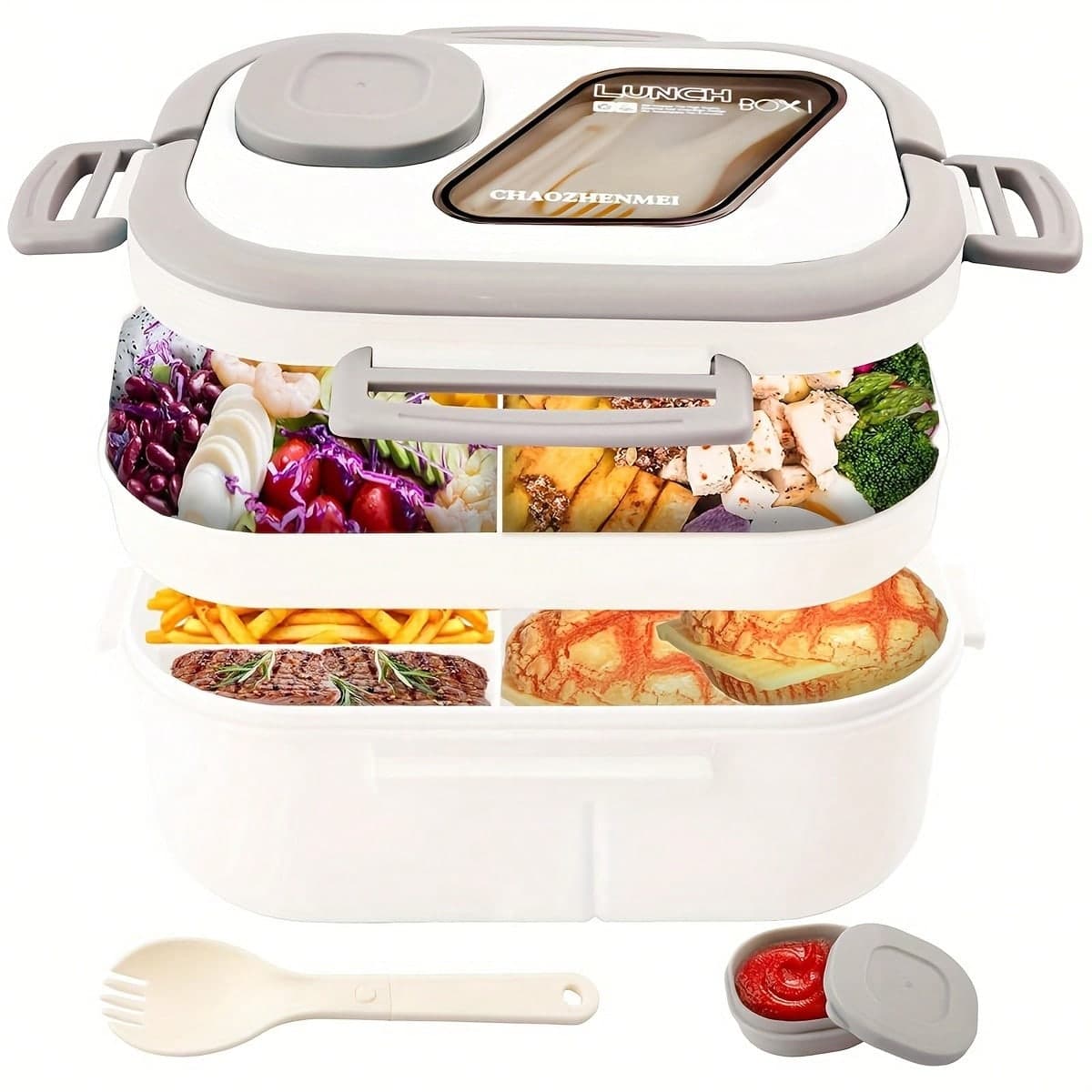 1 Adult Bento Box, Salad Container, Large 40.5 Oz. Salad Bowl, Bento-Style Tray For Toppings white