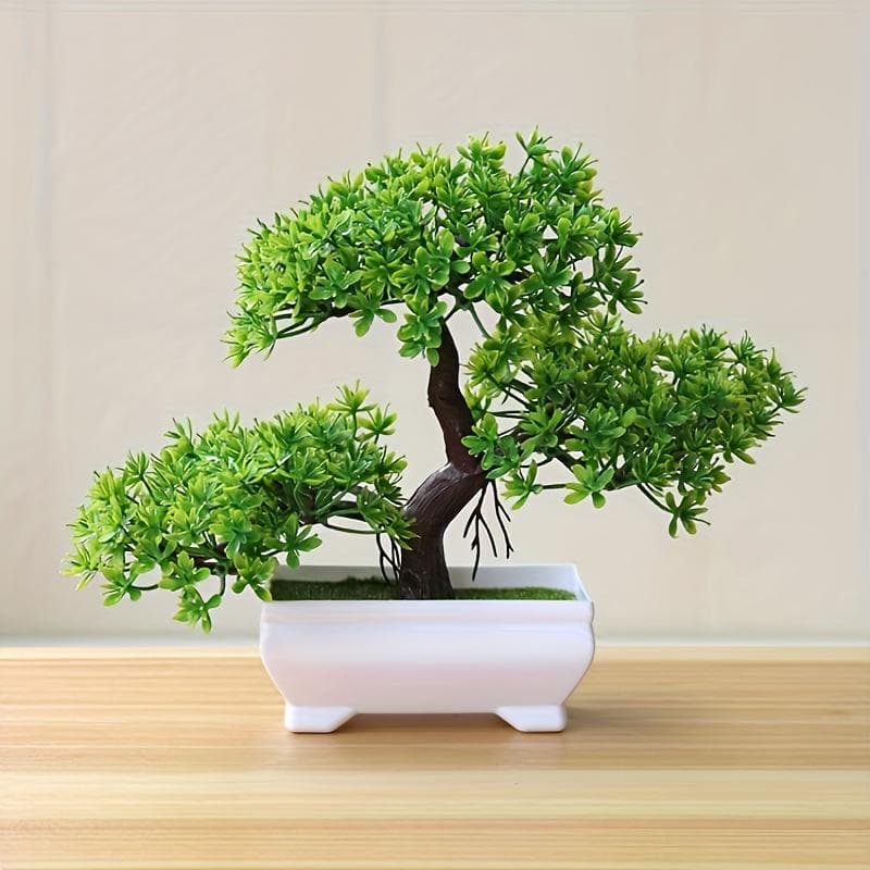 Miniature Artificial Pine Bonsai - Lifelike White Potted Plant for Home and Office Decor, Perfect for Table, Shelf, or Window Display green