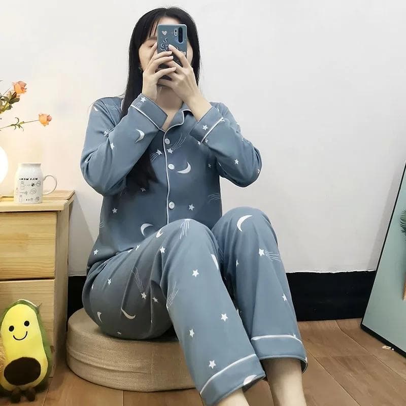 Women's Large Size Two-piece Spring Loose Long-sleeved Pants Suit Cardigan Printed Pajamas for Women 2XL
