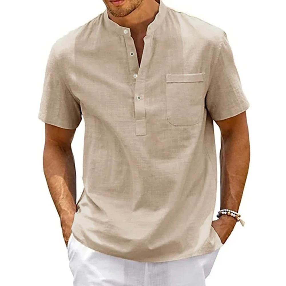 Summer Cotton Linen New Men's Short-Sleeved T-shirt Casual Men's T-shirt Shirt Male Pocket Breathable S-3XL L khaki