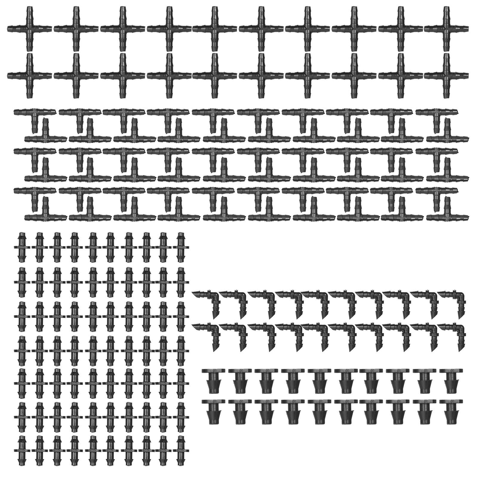250 Pieces Irrigation Fitting Kit Drip Irrigation Barbed Connectors Compatible with 1/4 Inch Water 200pcs black