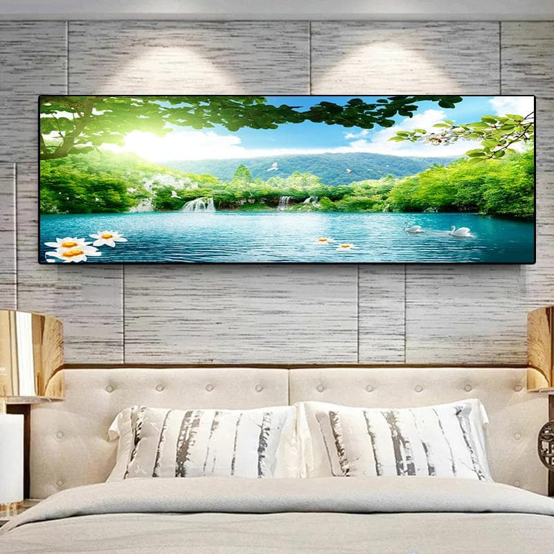Landscape Green Forest Waterfall Swan Canvas Painting Posters and Prints Wall Art Pictures Living Room Home Decor No Frame 60cm×170cm NoFrame