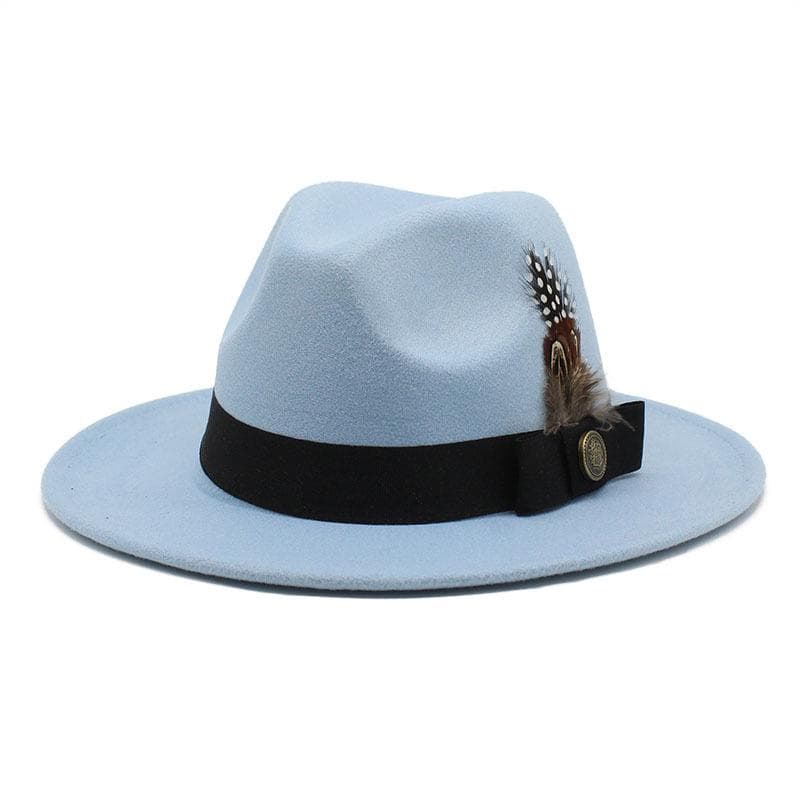 White Woolen Gentleman Classic British Jazz Feather Top Hat Wide Brim Party Church Wedding Fedora Hats Men Women Panama Felt Cap L 59-60cm sky blue
