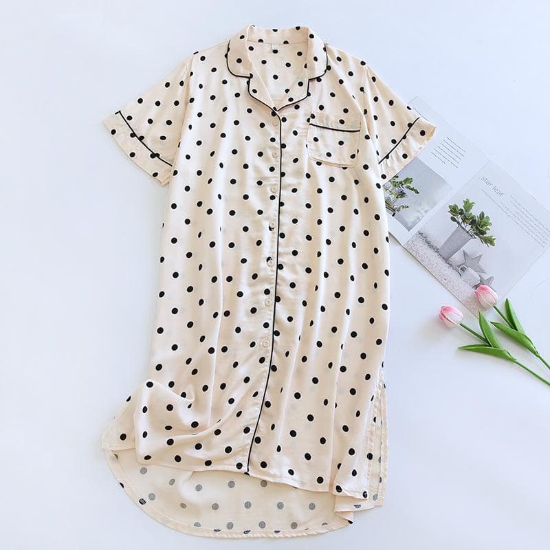 Summer New Women's Viscose Fiber Lapel Nightgown Polka Dot Short-sleeved Skirt Satin Comfortable Home 2XL