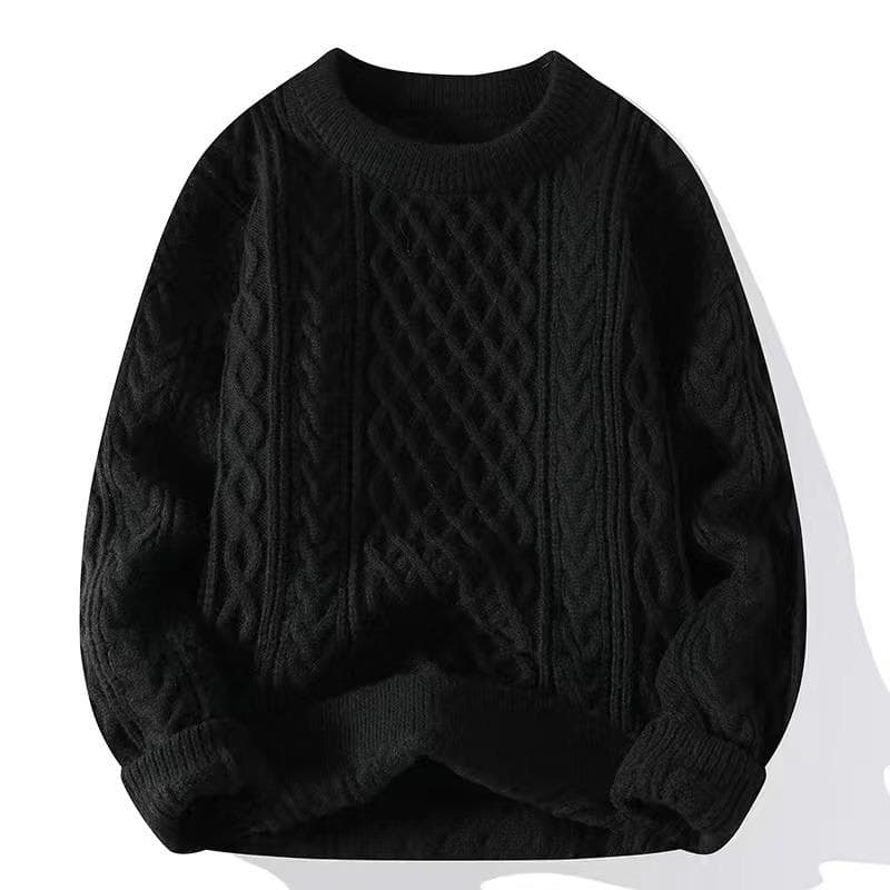 Men's Thick Cable Knit Sweater - Casual, Mature, Solid Color Pullover for Autumn and Winter Triple Extra Large black
