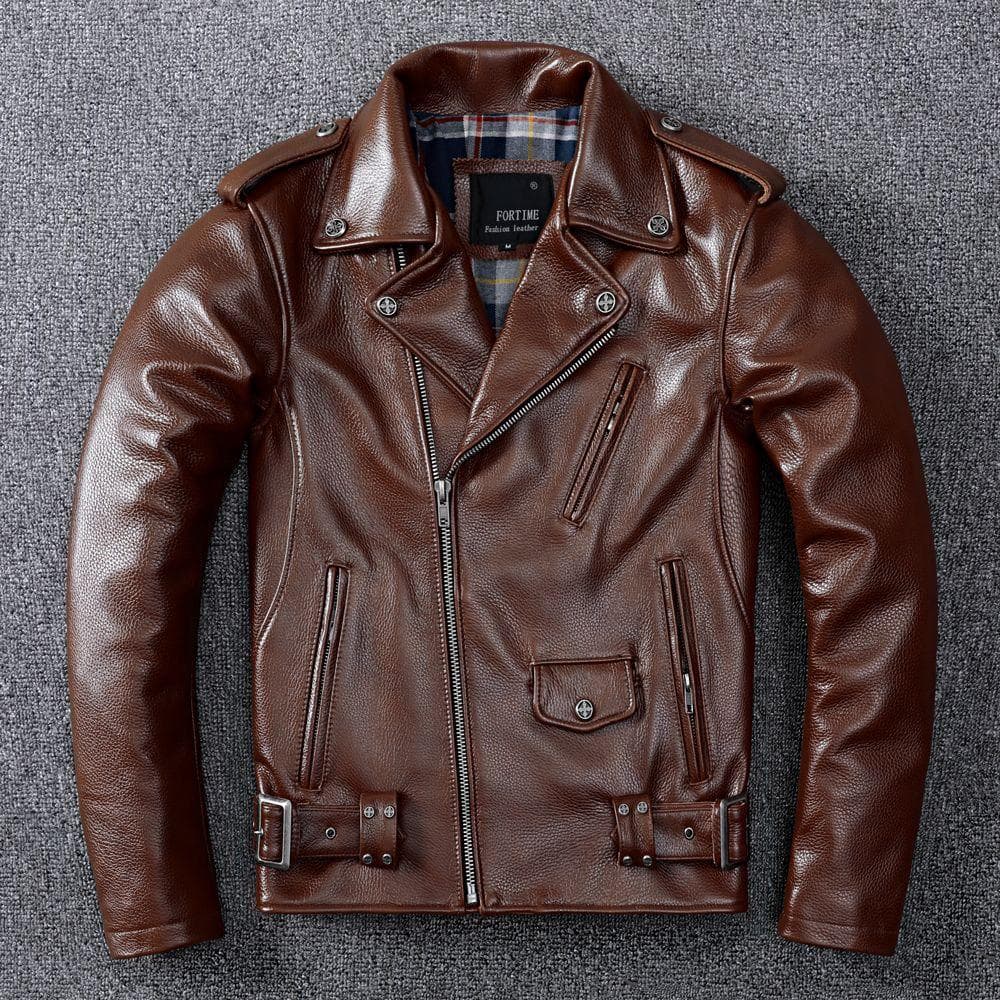 Harley Tough Man Heavy Motorcycle Jacket Top Layer Thick Leather Cowhide Leather Jacket Men's Short Slim-fit Lapel Leather Jacket M