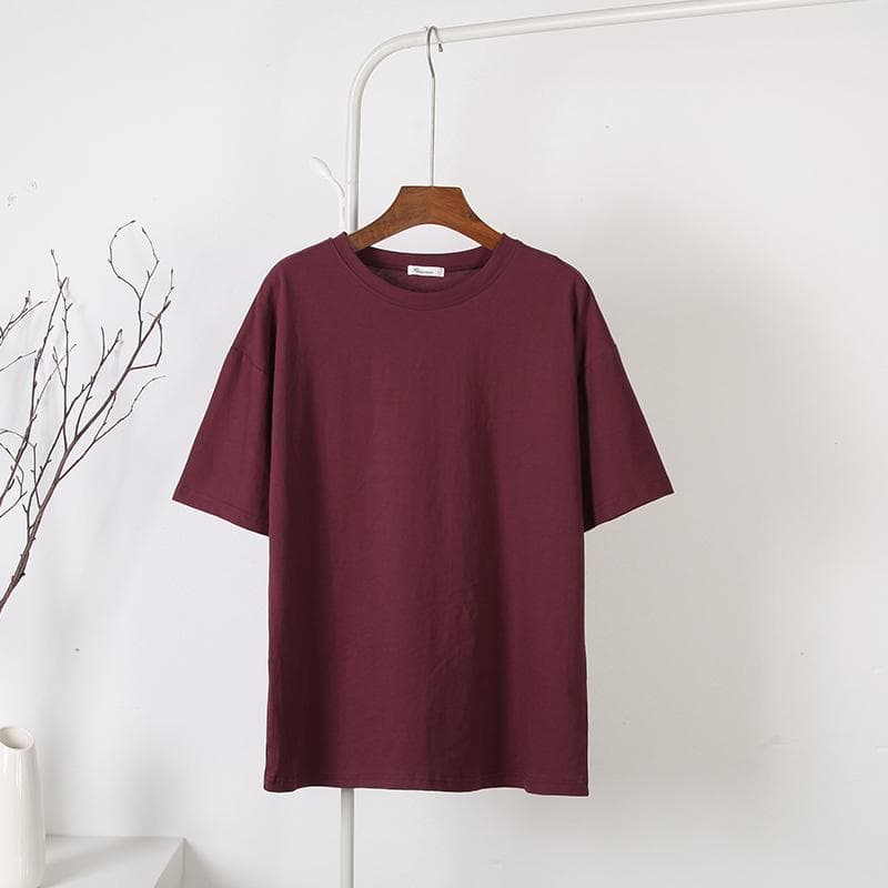 Hirsionsan Solid Cotton T Shirt Women Summer Loose Basic Short Sleeves O Neck Tees Casual Harajuku Soft Tshirt Plus Size Female Tops L dark brown