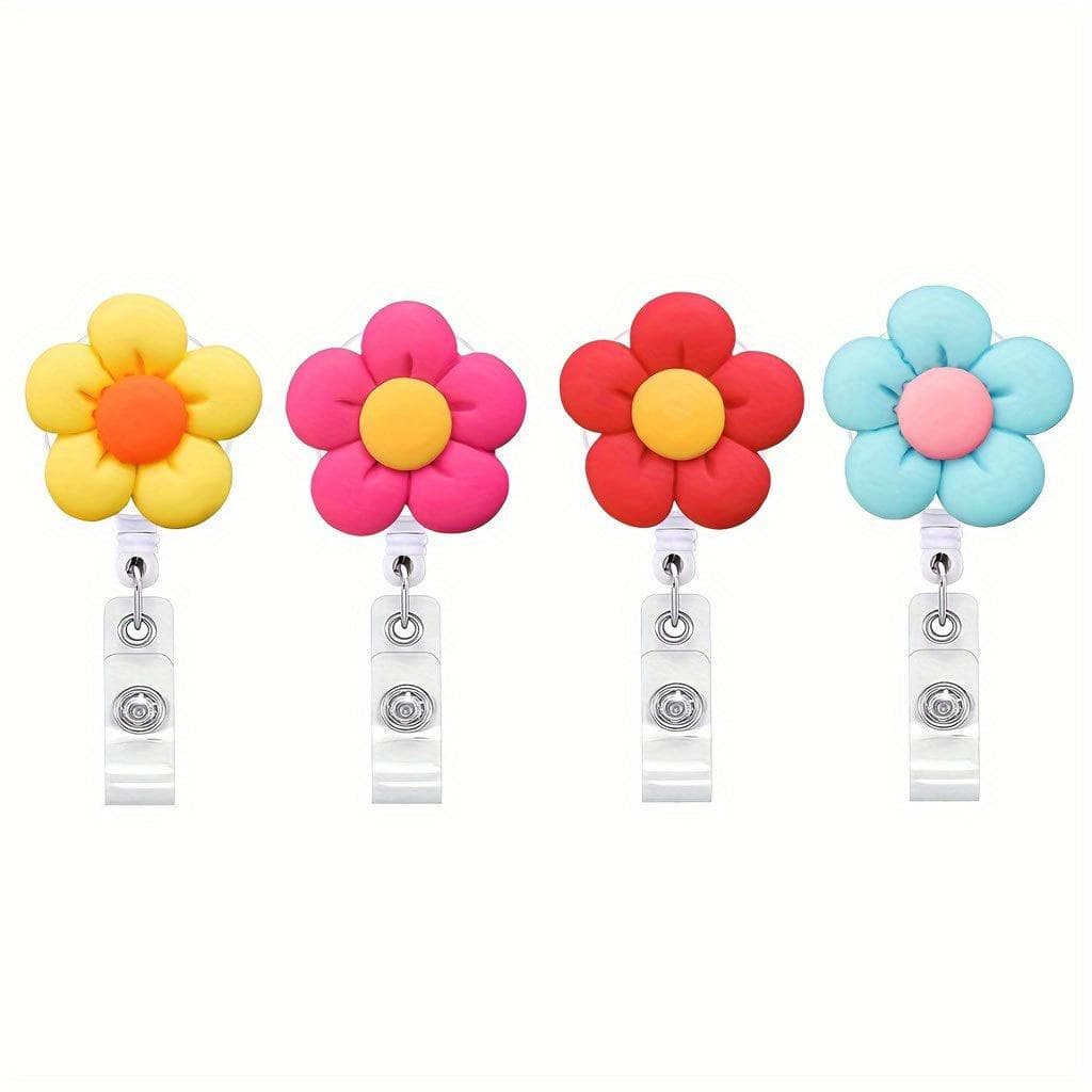 4PCS Resin color flowers easy-to-pull button, retractable badge reel work card clip, doctor and Nurse ID Card Display label staff card badge 4pcs