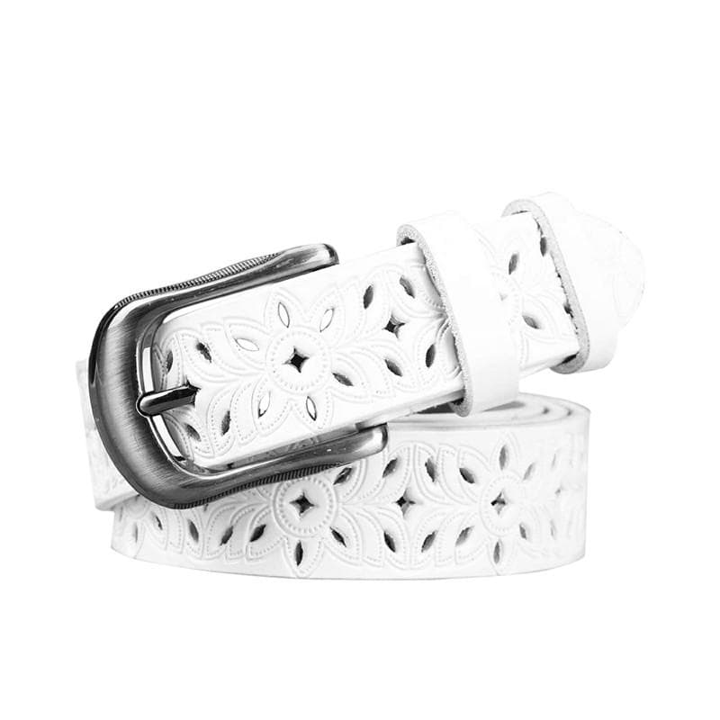 Women Belt Hollow Pattern Artificial Leather Cowskin Leather Belt With Vintage Pin Buckle Strap Ladies Jeans white